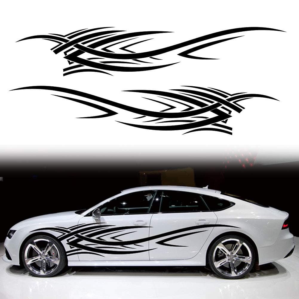 2Pcs 94.4'' Universal Flame Graphics Car Auto Body Side Sticker Racing Sports Self-Adhesive Side Strip Decal Decoration Accessories for Truck SUV Off-Road Vehicles (Style2 Black)