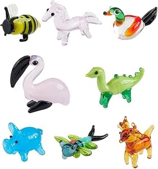 8 Styles Hand Blown Glass Figurines Miniature Animal Glass Decor Includes Bees Dinosaur Stag Unicorn Piggy Dragonfly Duck Flamingo Animal Figurine for Collectible Home Decor Gifts
