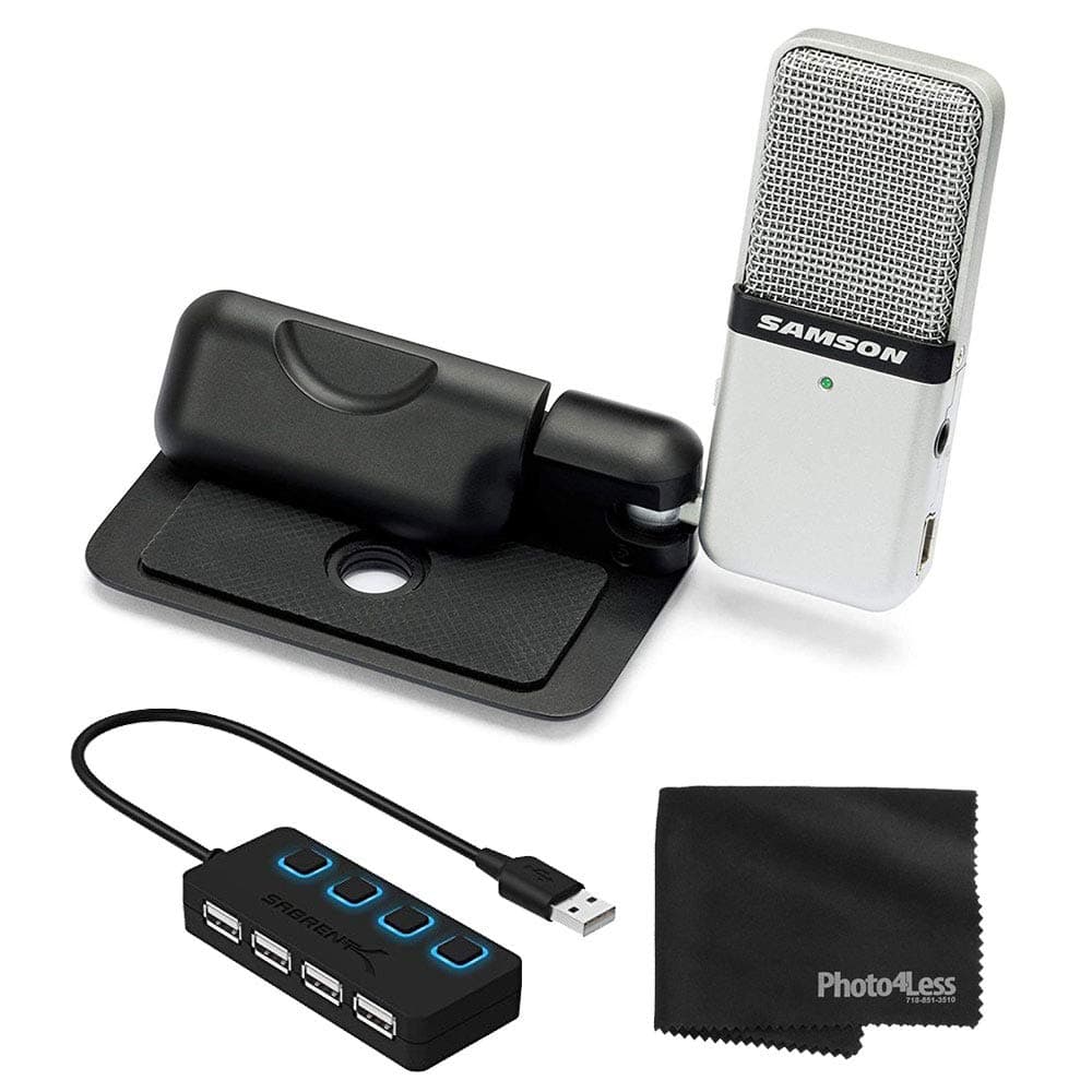 Go Mic Portable Clip-on USB Condenser Microphone (Titanium)- USB 2.0 Hub with Individual LED lit Power Switches + Cleaning Cloth – Deluxe Bundle Great for Podcasting and Field Recording