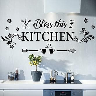 CASADECOR Kitchen Wall Decor Sticker Kitchen Quotes Bless This Kitchen Wall Decals Flower Art Removable DIY Vinyl Wall Stickers for Kitchen Dining Baking Room Bar Restaurant Home Decor.