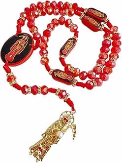 BONITTER Black Holy Death's Necklace Wooden Santa Muerte Necklace Red Rosaries Beads Blessing Crafted Rosario de la santa muerte Prayer Gift For Women Men