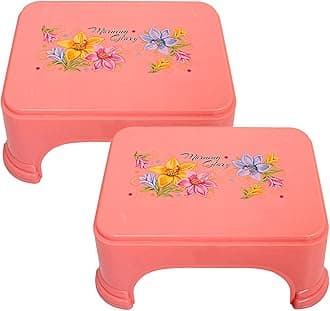 Kuber Industries Floral Print 2 Pieces Plastic Bathroom Stool, Adults Simple Style Stool Anti-Slip with Strong Bearing Stool for Home, Office, Kindergarten, Pink-KUBMART10865