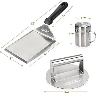 HULISEN Smashed Burger Kit, Stainless Steel Burger Press, Griddle Spatula and Spice Dredge Shaker - 3 Piece Set, Gift Package