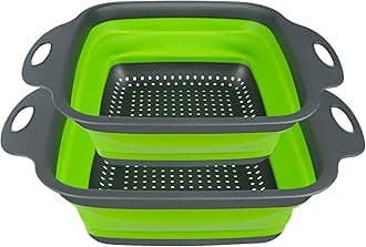 AUAUY 2 PCS Collapsible Colander Set, Square Silicone Folding Colander with Plastic Handles, Eco-Friendly Large Hole Kitchen Strainer for Draining Pasta Vegetables Fruits-1 Large and 1 Small