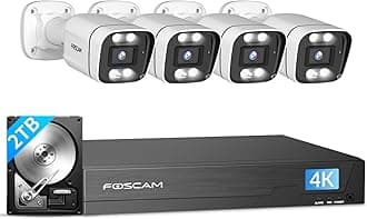 FOSCAM 4K 8MP NVR PoE Security Camera System 8 Channel NVR 4pcs Wired Outdoors IP PoE 8MP Security Cameras, 2TB HDD, Color Night Vision, 2-Way Audio, AI Human Vehicle Detection, IP66 Waterproof