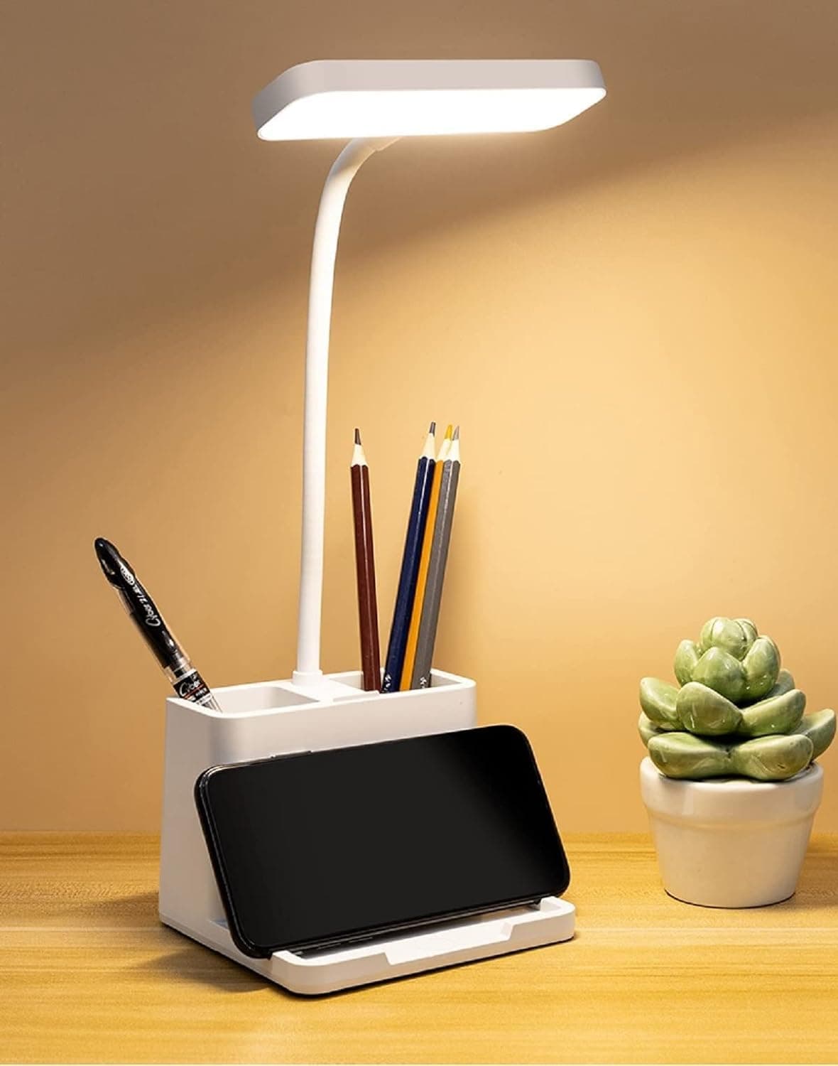 - Plastic 3 Color Mode Led Study Table Desk Lamp For Students With Pen & Phone Holder, Rechargeable Touch On/Off Studying (204White)