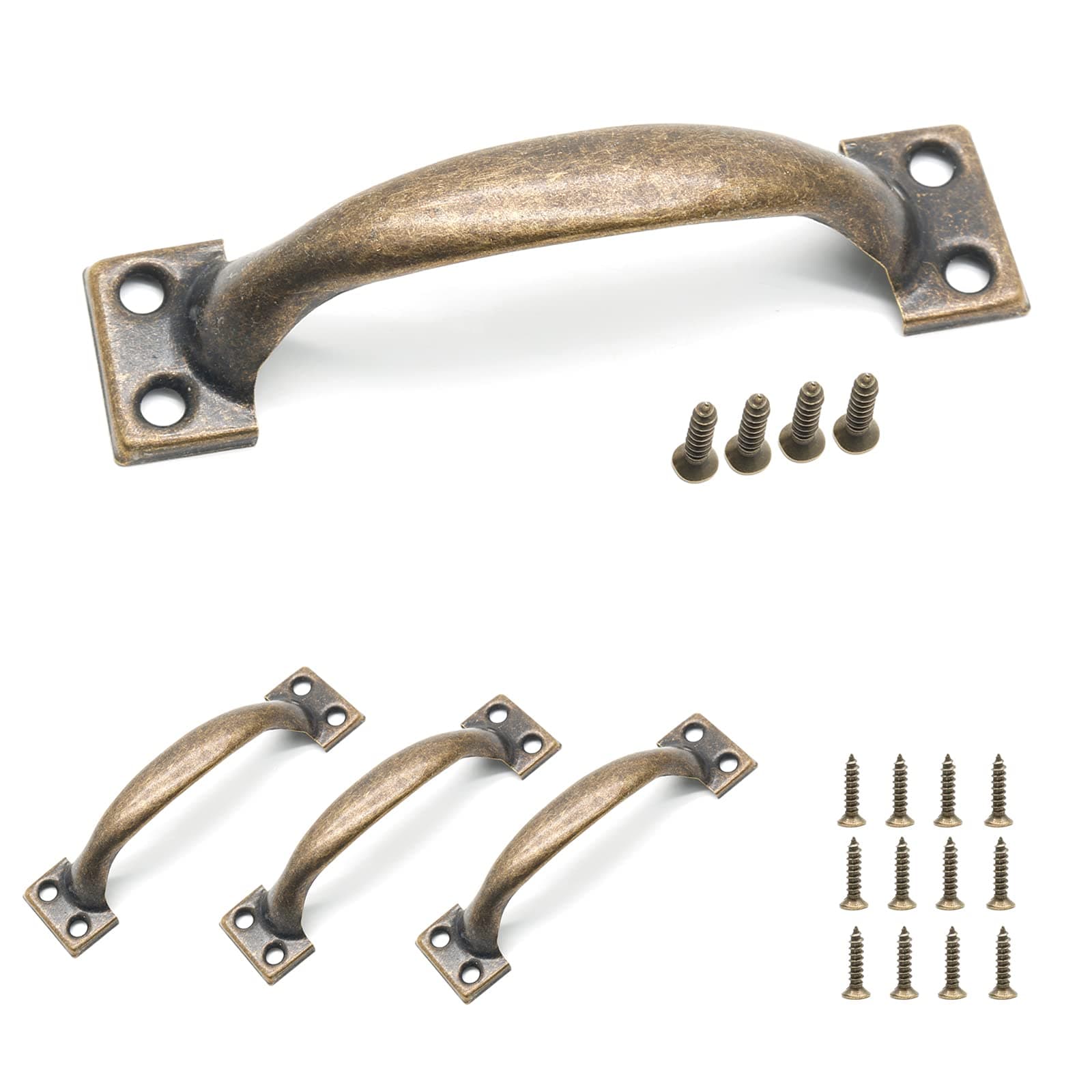 4Pcs 4 Inch Bronze Metal Cabinet Handles, Rustic Drawer Pulls Vintage Dresser Handles Curved Cupboard Handles for Kitchen Furniture Closet Door