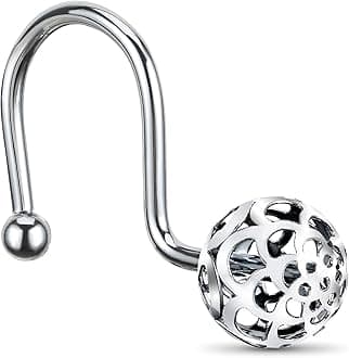Chictie Silver Shower Curtain Hooks - Oil Rubbed Chrome Decorative Shower Curtain Rings,Set of 12 Bling Metal Rustproof Shower Hangers for Bathroom Curtains Rods Hollow Ball Design