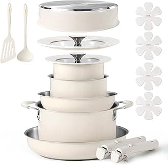 CAROTE 16Pcs Stainless Steel Cookware Set With Detachable/Removeble Handle Set, Space Saving Pots and Pans Set, RV Camping Set, Outer Ceramic Layer Nonstick, Dishwasher/Oven Safe, Kitchen Cooking Set