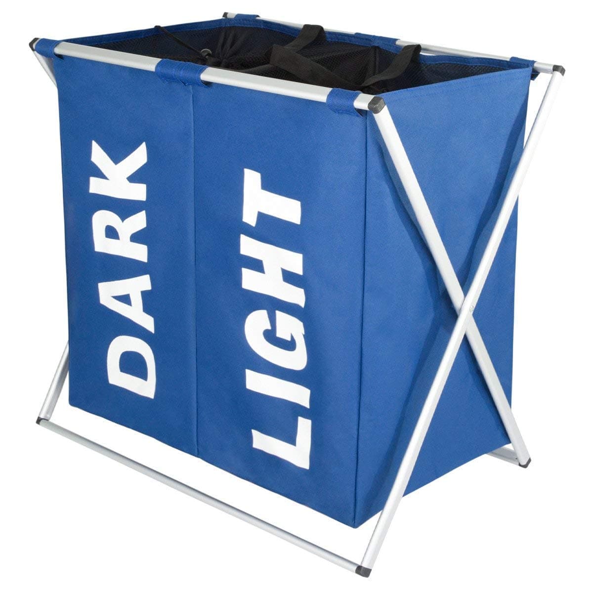 WISHPOOL 2 Sections Laundry Basket Bag with Aluminium X-Frame Double Laundry Basket Durable Clothes Bag for College Apartment Home Use（Blue）