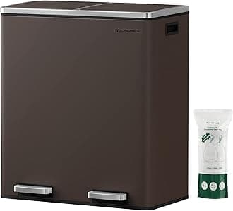 SONGMICS Trash Can, 2 x 8 Gallon (2 x 30 L) Garbage Can for Kitchen, with 15 Trash Bags, 2 Compartments, Plastic Inner Buckets and Hinged Lids, Airtight, Brown ULTB60BR