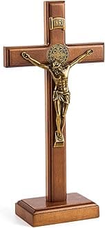 Leinuosen 10 Inch Wood Standing Cross Crucifix Wall and Table Catholic Wooden Cross Decor Jesus Christ Decoration for Home Baptism Communion Church(Golden,1 Pcs)