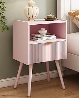 Nightstand,Modern Bedside Table with Storage Drawer and Open Wood Shelf, for Living Room, Bedroom and Small Spaces, Accent Night Stand with Solid Wood Legs, Easy Assembly,Classic Pink