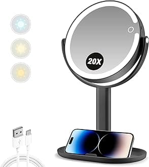 MIYADIVA Makeup Mirror with Lights,20X Magnifying Mirror with Light and Touch Switch,Vanity Mirror with 3 Color Light and 80 LEDs,2-Sided Lighted Magnified Mirrors 8.8 Inches, Black