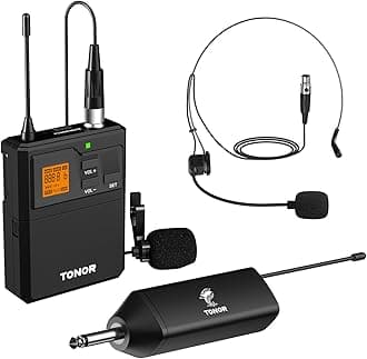 TONOR Wireless Headset Microphone& Lavalier Mic with Bodypack Transmitter, 1/4" Jack Rechargeable Receiver, 5 Channels, 60 M Range for Fitness Class Live Performance PA Speaker, TW621, 1 Mic