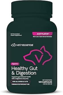 VetriScience Healthy Gut & Digestion Easy-Open Capsules, Acetylator Digestive Enzyme Supplement for Dogs and Cats, Soothe Gut and Bowel Discomfort, 120 Count