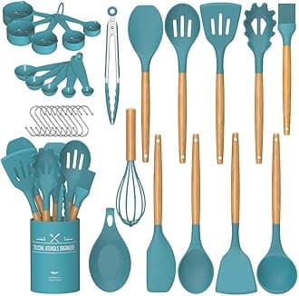 Umite Chef Kitchen Utensils Set, Non-Stick Silicone Kitchen Utensils, Spatula Set with Holder, Wooden Handle, Heat Resistant Silicone, 24 Pieces