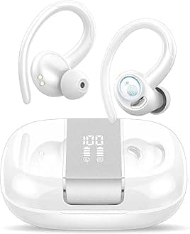 Wireless Earbuds Bluetooth 5.3 Headphones Sports, 48Hrs Playback Over Ear Buds with CVC8.0 Mic, Bass Stereo Bluetooth Earbuds with Earhooks, LED Display, IP7 Waterproof Earphones for Running White