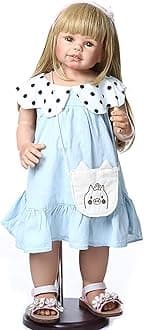 28inch Reborn Toddler Dolls,Huge Baby Full Body Hard Vinyl Standing Girl Handmade Real Realistic Girl Parts Blue Dress Great Qualtity Masterpiece Doll Model Collectible