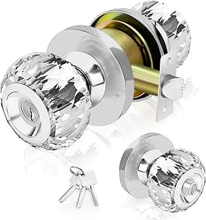 Crystal Door Knobs with Lock and Keys, Round Crystal Privacy Door Lock Handles, Luxurious Diamond Door Knob, Privacy Function for Bed & Bath, Classic Interior Door Knobs for Closet (1 Pack)