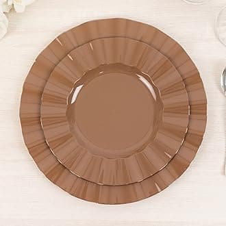Efavormart 10 Pack Hard Plastic Dinner Plates with Gold Ruffled Rim, Heavy Duty Coffee Brown Disposable Round Dinnerware 9"