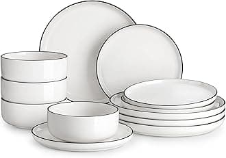 MALACASA Plates and Bowls Sets, 12 Pieces Modern Porcelain Dinnerware Set for 4 White Kitchen Dinner Dining Ware Set wtih Black Rim Ceramic Dishware Dishes Microwave and Dishwasher Safe, Series LUNA