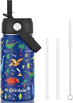 Fimibuke Kids Insulated Water Bottle, 14oz BPA FREE 18/8 Stainless Steel Travel Tumbler Double Wall Vacuum Leak Proof Kids Cup with Straw Metal Bottle for School Boys Girls(1 Pack, BLUE DINOSAUR)