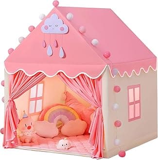 SISTICKER Kids Play Tents for Girls Large Fairy Playhouse for Kids Princess Castle Tent Gift Toys for Girl Toddler Children Play House (Pink) (Pink Tent with mat)