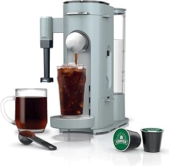 Pods & Grounds Specialty Single-Serve Coffee Maker, K-Cup Pod Compatible, Built-In Milk Frother, 6-oz. Cup to 24-oz. Travel Mug Sizes, Iced Coffee Maker, Glacier Blue, PB051GB