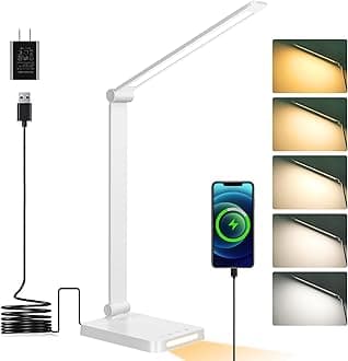 Dott Arts LED Desk Lamp with USB Ports, Touch Control, 5 Color Modes, 3 Brightness Levels, Foldable Design, White