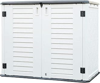 KINYING Outdoor Storage Shed - Horizontal Storage Box Waterproof for Garden, Patios, Backyards, Multi-Opening Door for Easy Storage of Bike, Garbage Cans, Tools, Lawn Mower, Off-White, 26 Cubic Feet