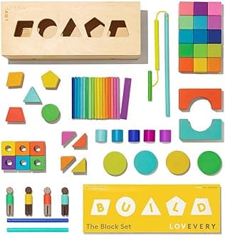 The Block Set by Lovevery ââ‚¬â€œ Solid Wood Building Blocks and Shapes + Wooden Storage Box, 70 Pieces, 18 Colors, 20+ Activities