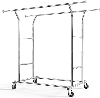 Heavy Duty Double Rail Clothes Rack on Wheels, 204kg(450lbs) Capacity, Industrial Design with Extendable Length & Height - Ideal for Bedroom, Boutique, Laundry Room, Yard Sale