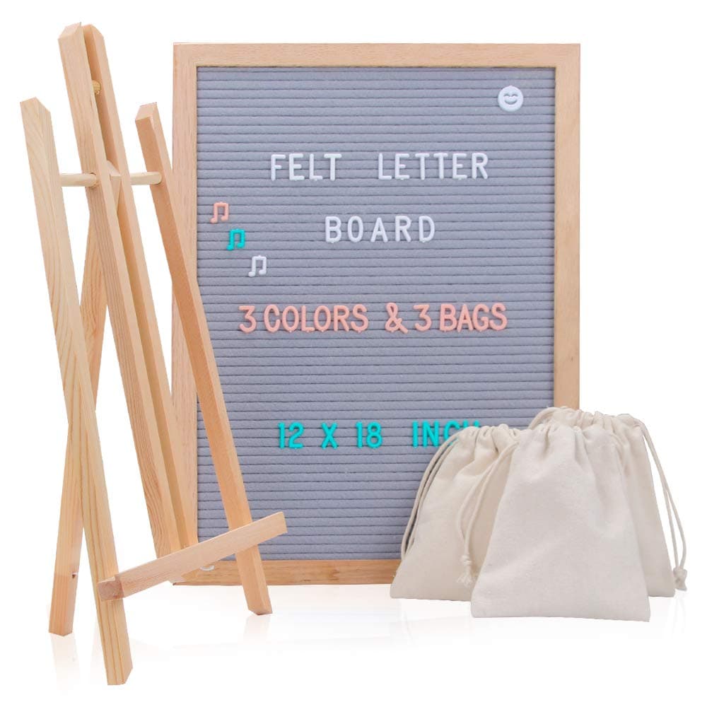 Felt Letter Board with Letters, 12 x 18 Changeable Message Board with 748 Characters, Gray Letterboard sign, Oak Wood Frame, Mounting Hook and 3 Free Storage Bag Perfect Gift