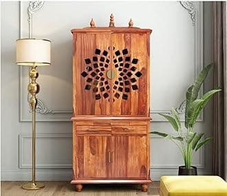 JB Art Solid Wood Mandir for Pooja Home Decoration | Floor Mount Beautiful Wooden Home Temple | Temple for Pooja Room Living Room Office (Natural Finish)
