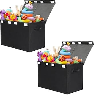 popoly 2 Pack Large Toy Box Chest Storage with Flip-Top Lid, Collapsible Kids Storage Boxes Container Bins for Toys, Playroom Organizers, 25"x13" x16" (Linen Black)