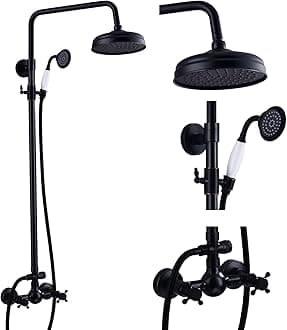 Oil Rubbed Bronze Exposed Shower System Fixture Set 8 Rain Shower Head 2 Double Knobs Cross Handle Bathroom Shower Faucet Combo Unit Set Dual Function