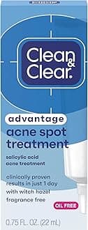 Clean & Clear Advantage Acne Spot Treatment, Oil Free Acne Treatment with Salicylic Acid, Witch Hazel, and BHA, Gel Pimple Cream for Adults and Teens, Witch Hazel & Salicylic Acid Medication,.75 oz