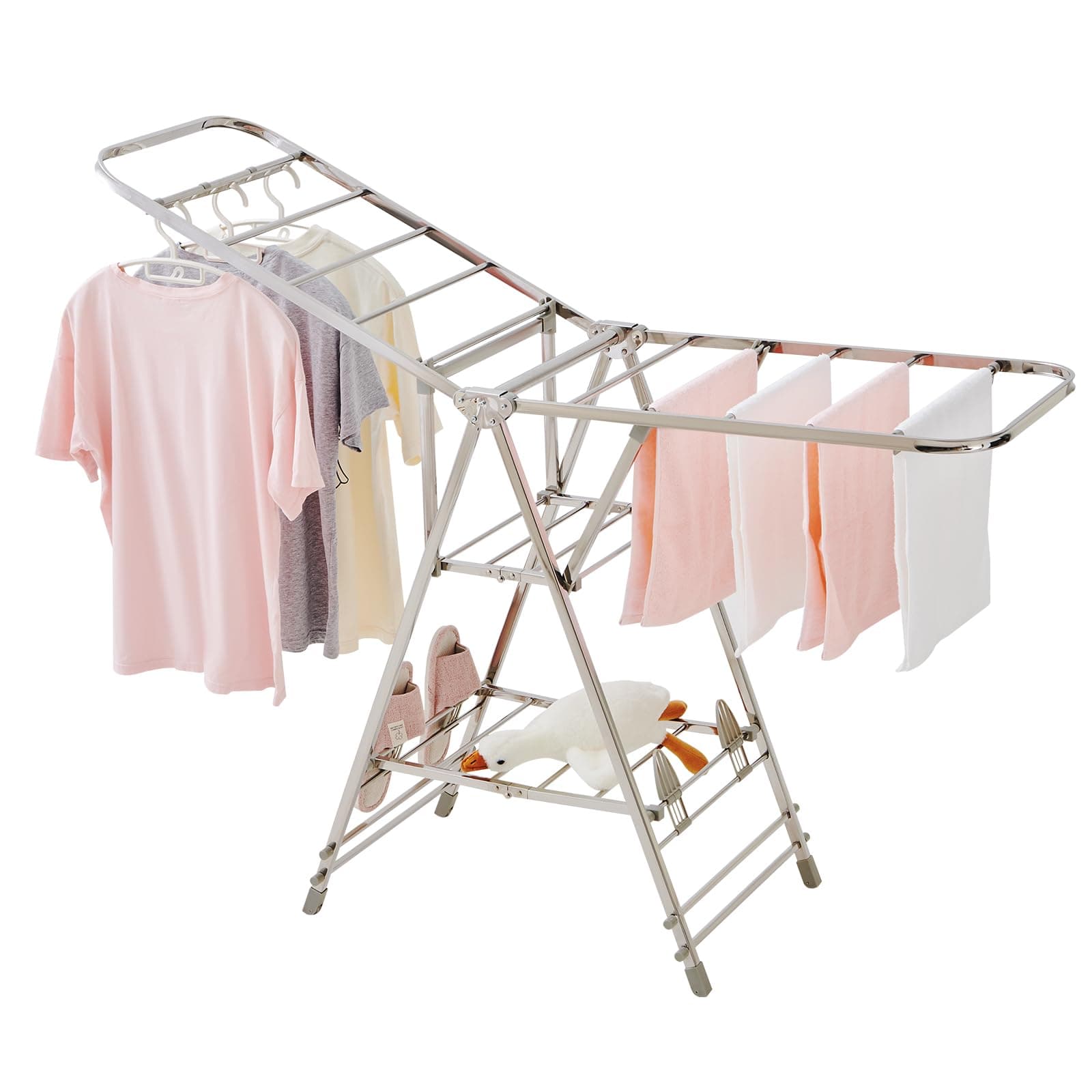 Foldable Clothes Drying Rack has 21 Rods, Non-Slip Buckle, Shoe Rack and Wheels ,Stainless Steel Laundry Drying Rack,Collapsible for Easy Storage,Rust-Proof,Works Both Indoors and Out