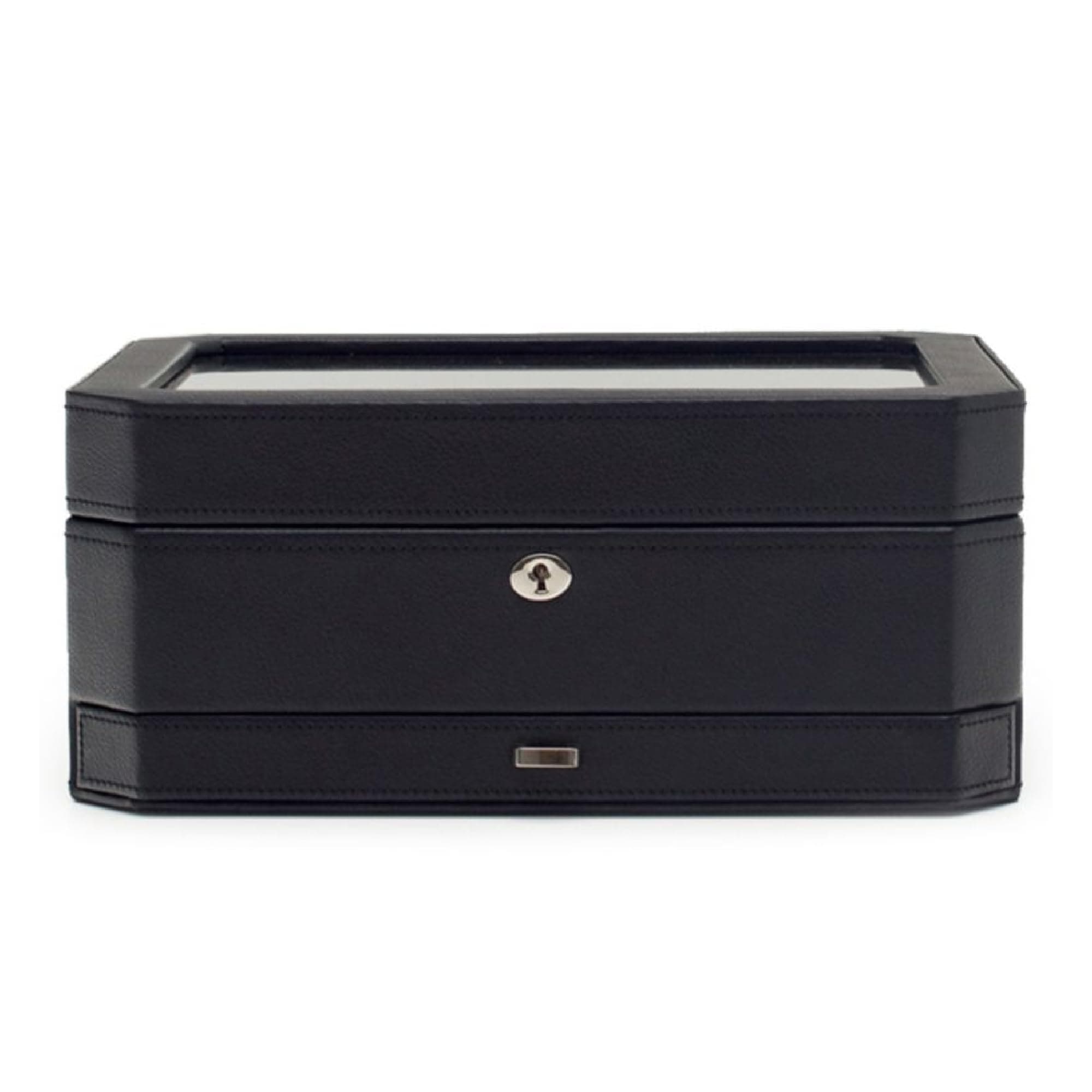 WOLF Windsor 10-Piece Watch Box with Drawer, Black - Features 10 Watch Compartments, Eight Ring Rolls & 17 Jewelry Compartments - Vegan Leather Exterior