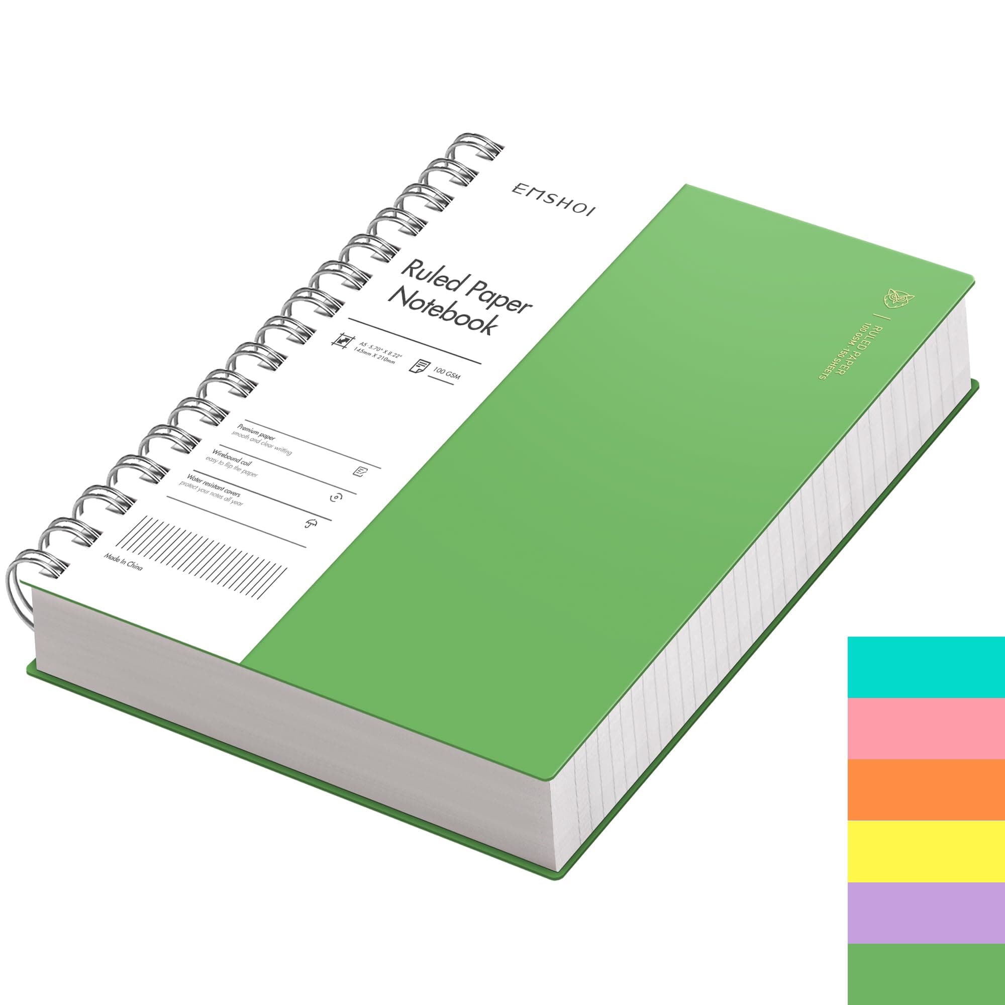 EMSHOI A5 Notebook Lined 300 Pages/150 Sheets, Wirebound Spiral Notepad, 100gsm Thick Paper, Waterproof Hardcover, Writing Journal for Women Men Work Office School, 14.5 x 21cm, Green