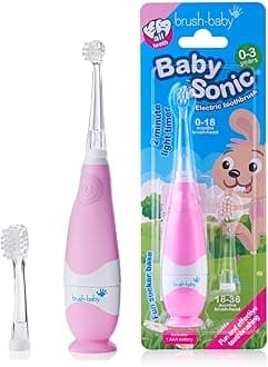 Brush-Baby BabySonic Electric Baby Toothbrush for Ages 0-3, With Fun LED Light, Soft Bristles for Sensitive Gums, Smart Timer, Waterproof with Suction Base, Includes 2 Heads - Pink