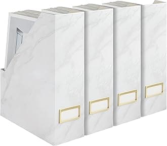 Blu Monaco Set of 4 Elegant Magazine Holders with White Marble Design and Gold Label Holders - Perfect File Holder for Desk, Magazine Storage for Home Office, and Classroom Organization and Storage