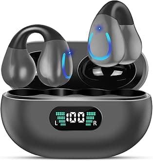 Clip On Earbuds Bluetooth 5.3 Wireless Earbuds Open Ear Bone Conduction Headphones Sport Earphones with LED Digital Display Charging Case Built-in Mic IPX7 Waterproof for Running Fitness Elegant Grey