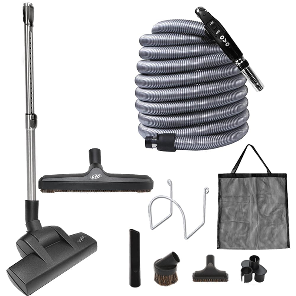OVO Central Vacuum Deluxe Plus Kit, 40ft ON/Off Low-Voltage Hose, Air Driven Carpet Beater, 12’’ Premium Floor Brush, Cleaning Tools and Easy Storage Accessories