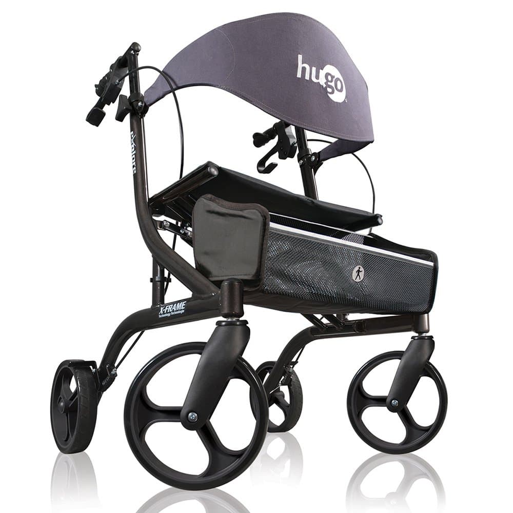 Hugo Mobility Explore Side-Fold Rollator Walker with Seat, Backrest and Folding Basket, Pearl Blk