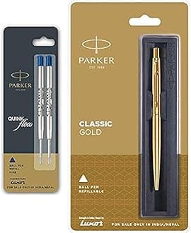 Parker Classic Gold Ball Pen With (Parker Quink Flow Refill Combo Pack 2 - Blue Ink) By DTL Company