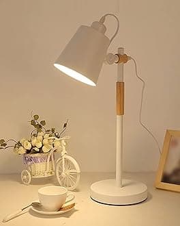 Homesake Nordic Style Metal Desk Incandescent Lamp,Modern Minimalist Adjustable Reading Lamp With Solid Natural Wood, (Desk Lamp White)