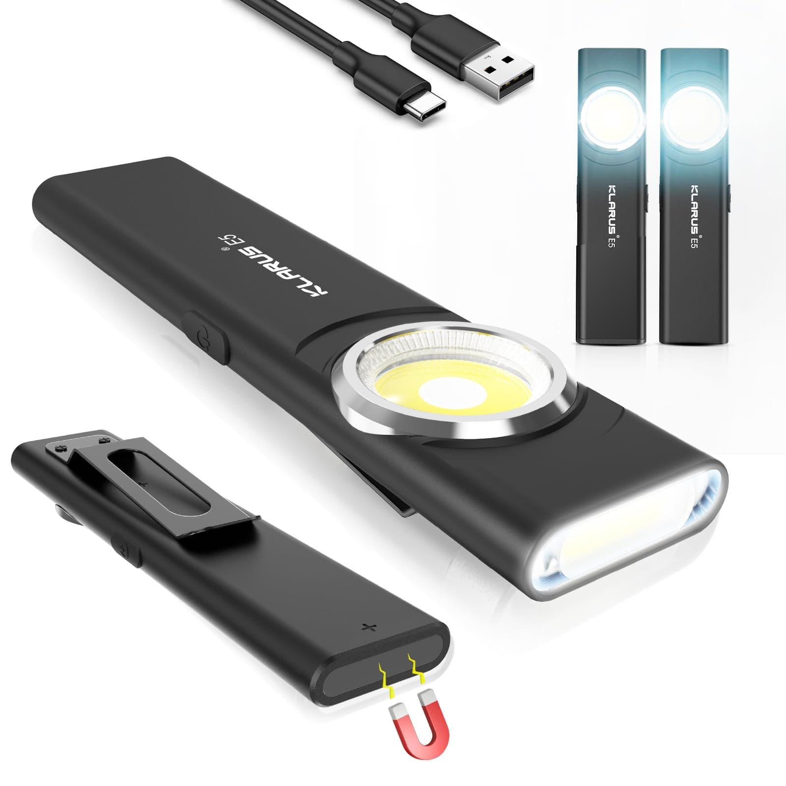 klarus E5 Flat EDC Torch,USB C Rechargeable COB Work Light, 470 Lumens Mini Flashlight with Magnetic Base and Buckle Clip Suitable for Maintenance, Camping, Hiking, Emergency [Energy Class A+]