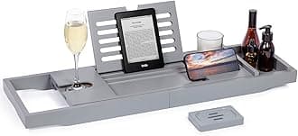 woodluv Bath Tray, Extendable Bath Caddy Trays for Bathtub Accessories with Tablet Phone Slots, Candle Mug/Cup Holder, Bathroom Organiser, Bath trays for across the bath with Soap Holder, Grey